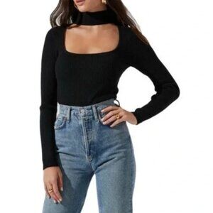 Astr The Label Cutout Mock Neck Long Sleeve Sweater Black